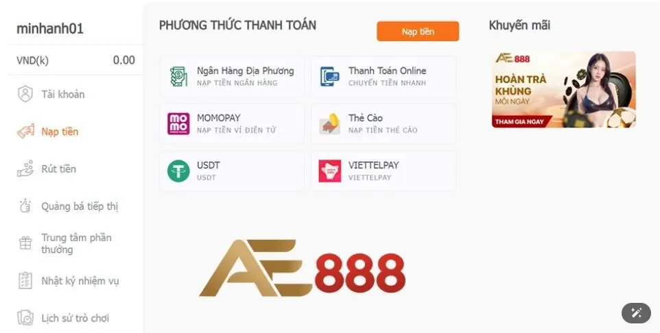 Những hình thức nạp tiền vào AE888 phong phú